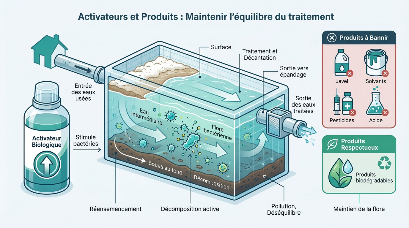 Entretien d'une fosse septique avec des activateurs biologiques pour préserver la flore bactérienne
