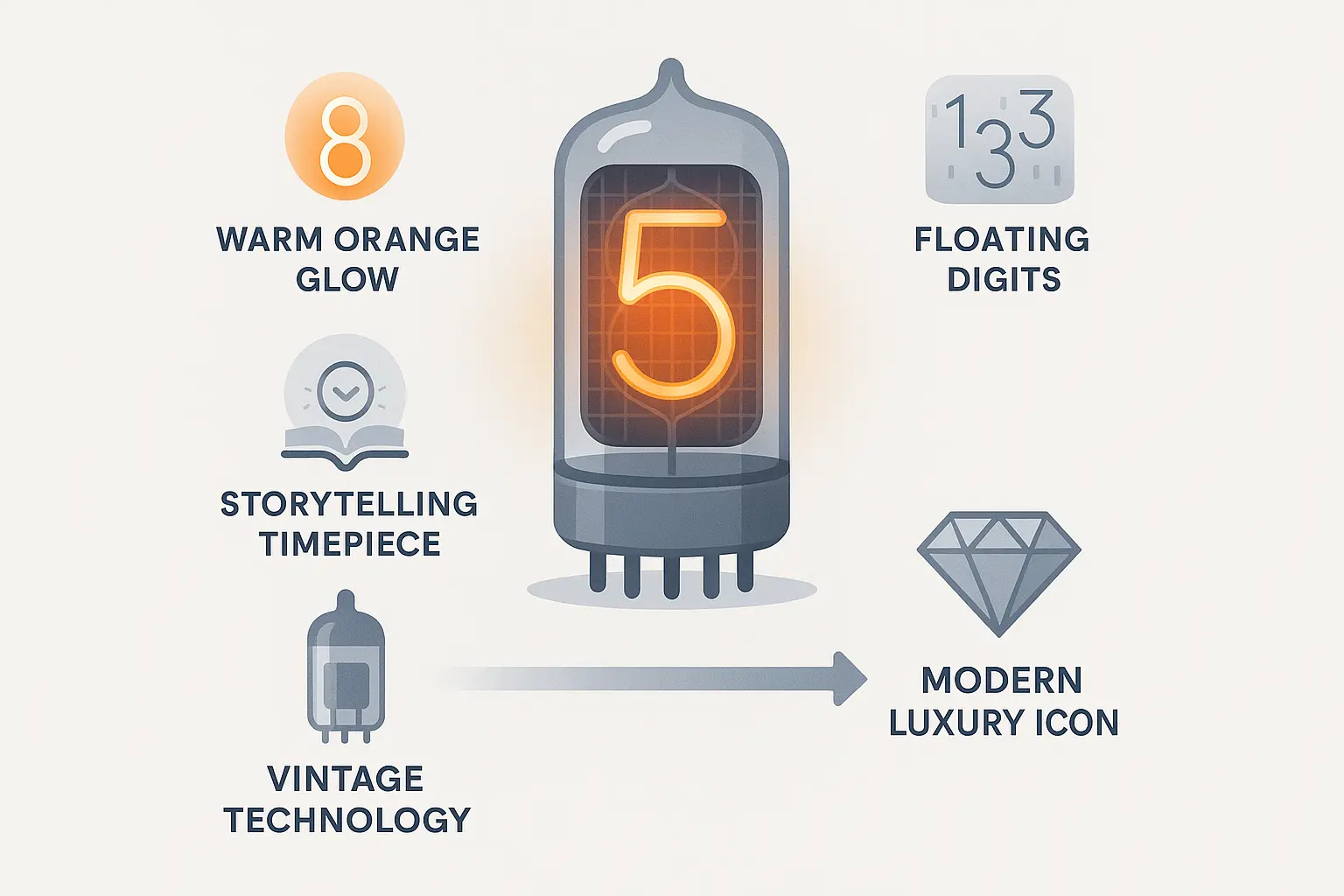 Modern Nixie clock with warm orange digits in sleek metallic case, blending vintage tech and contemporary design