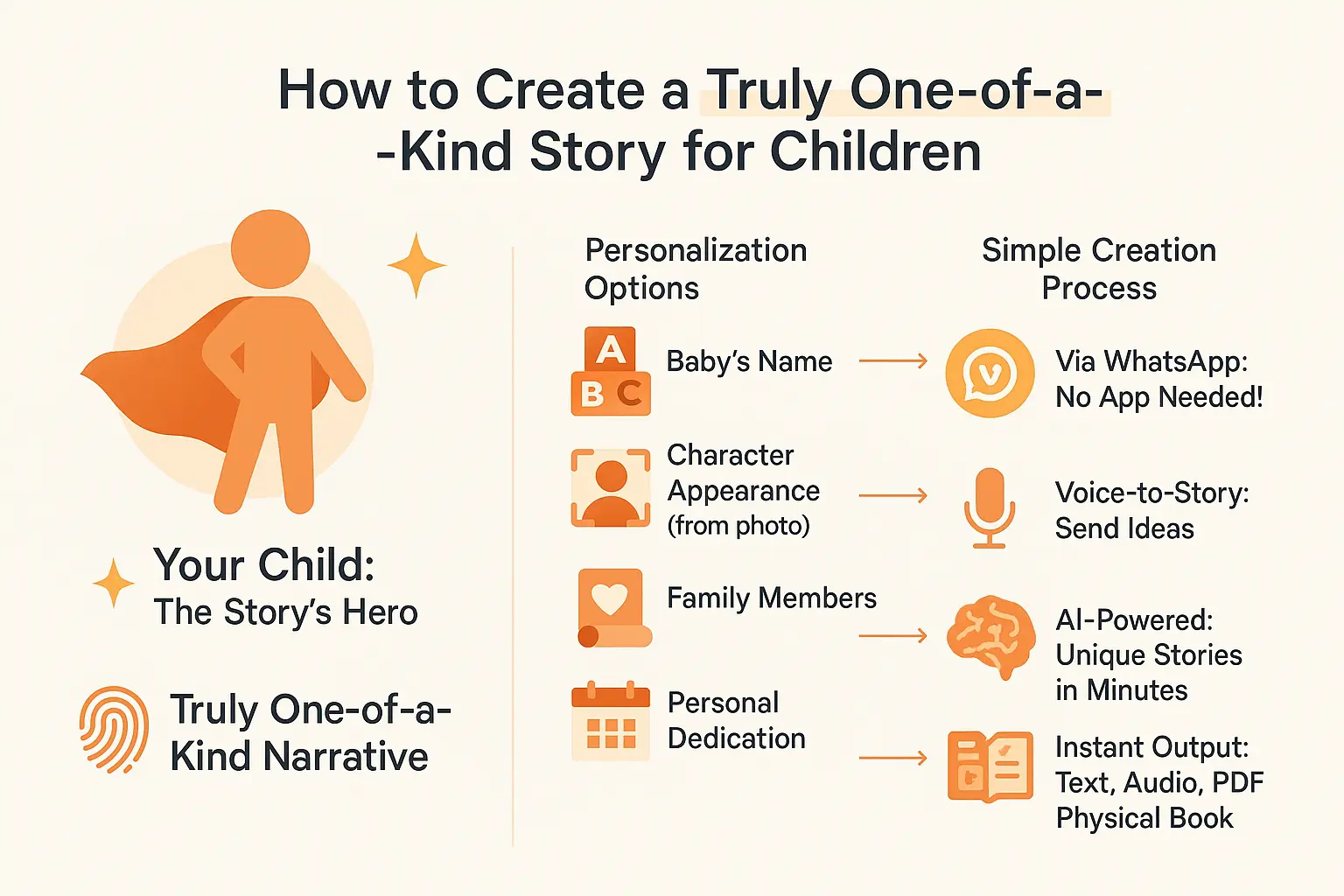 Create a WhatsApp baby book: Your child's story in minutes 2 Step-by-step guide showing parents creating personalized children's stories using AI technology