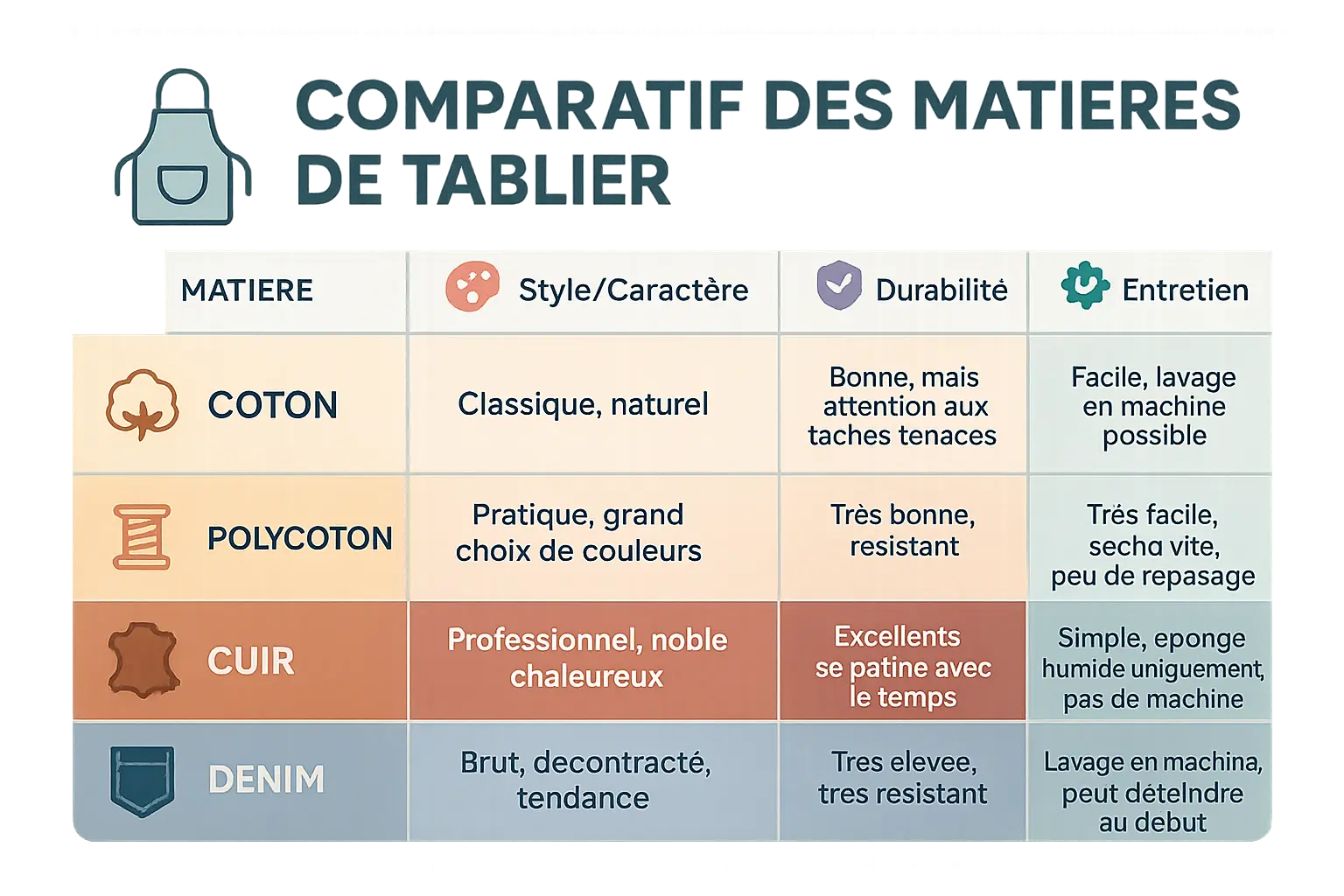 Comparatif des matières de tablier : coton, polycoton, cuir, denim