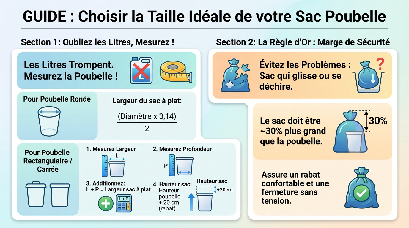 Illustration des étapes pour mesurer une poubelle et choisir la taille de sac adéquate
