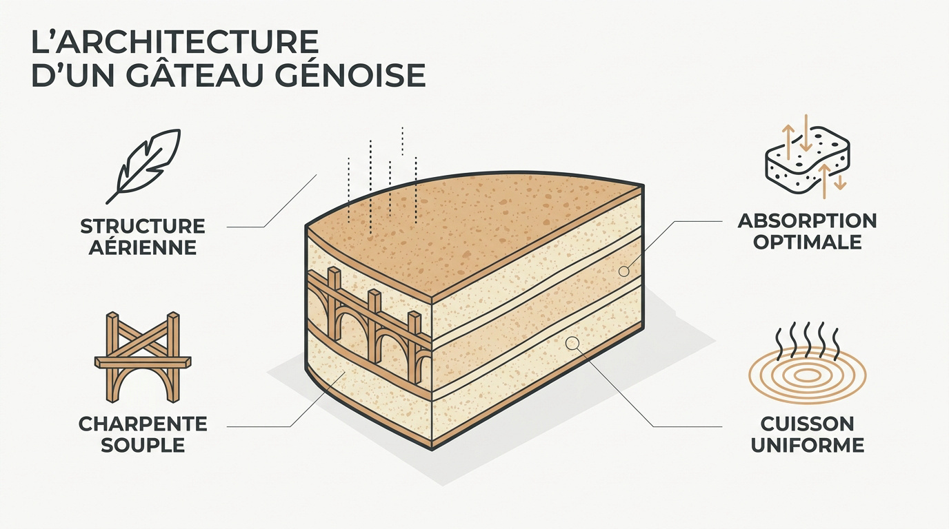 Structure interne d'une génoise italienne pour layer cake montrant les alvéoles régulières