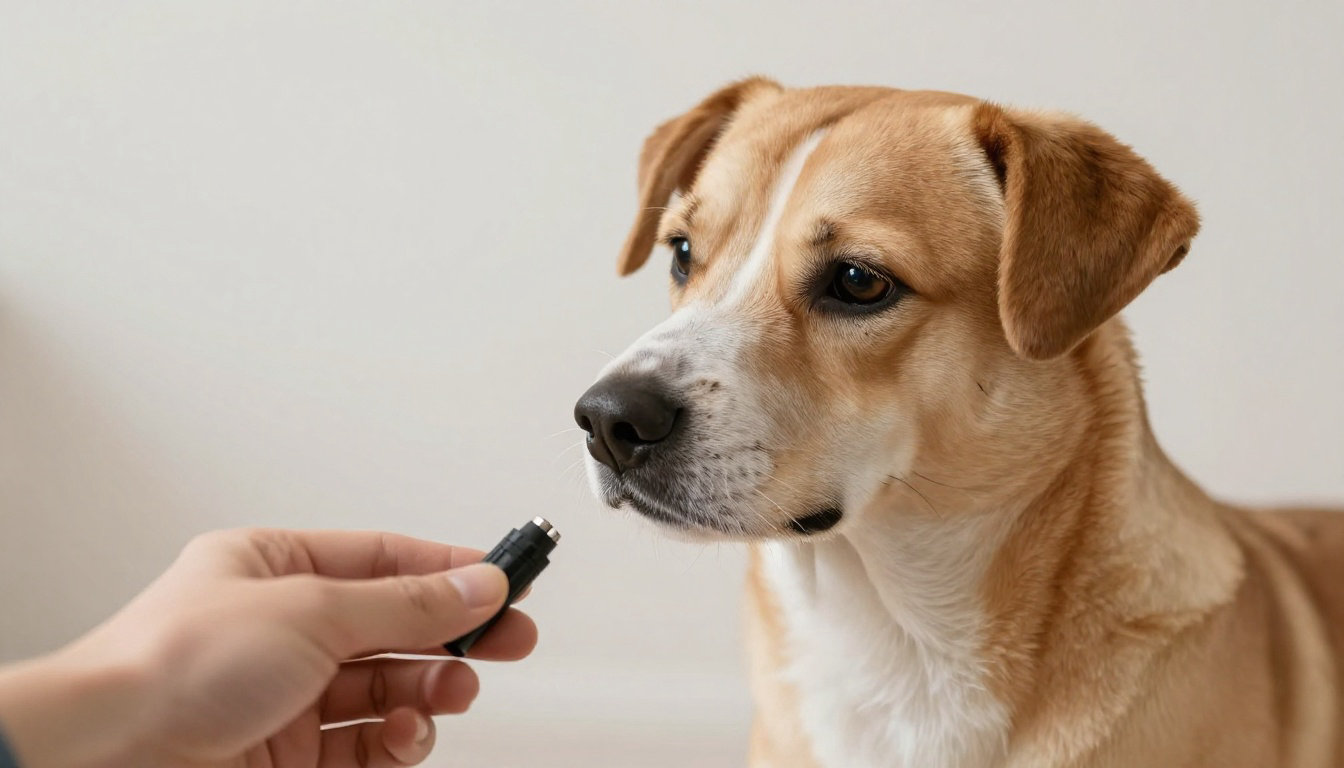 Chien concentré pendant une séance de clicker training pour apprendre à aboyer sur commande