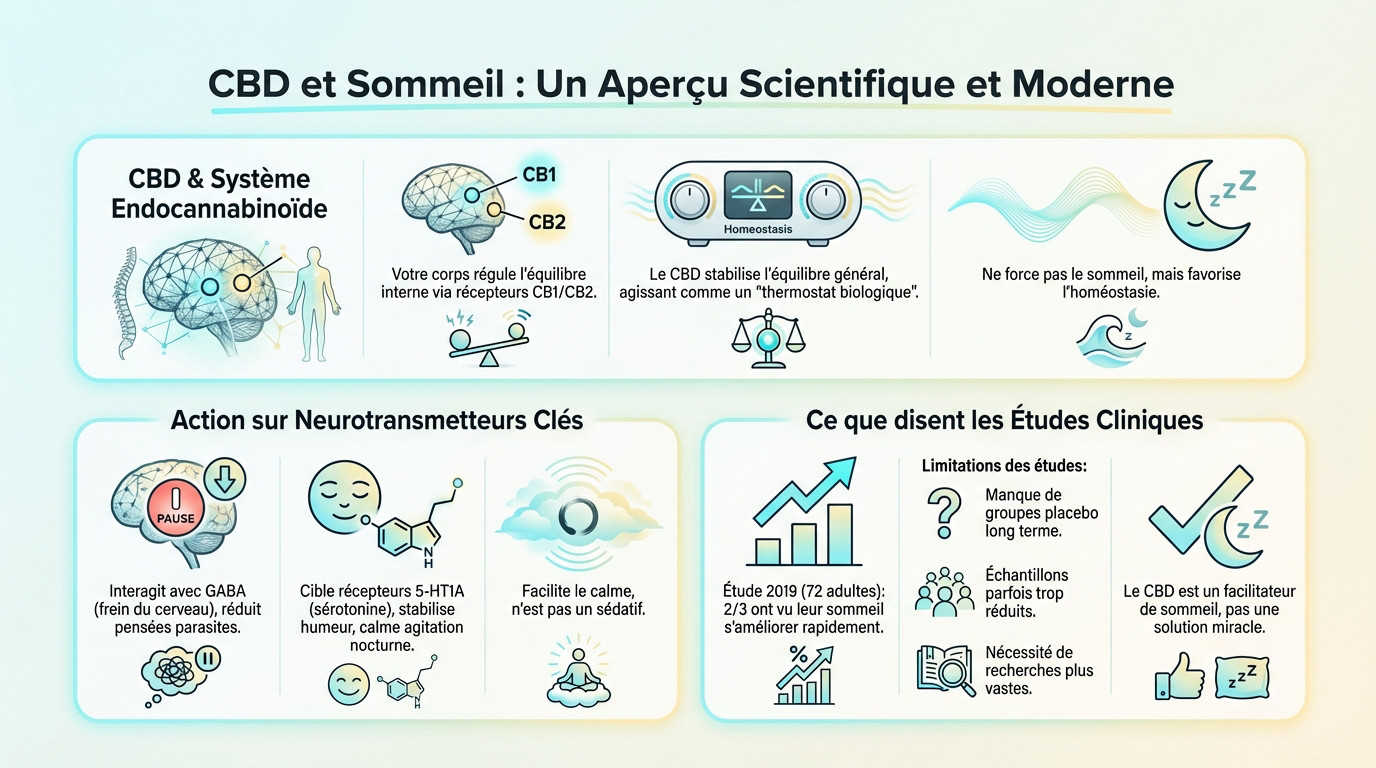 Schéma explicatif de l'action du CBD sur les cycles du sommeil et le système nerveux