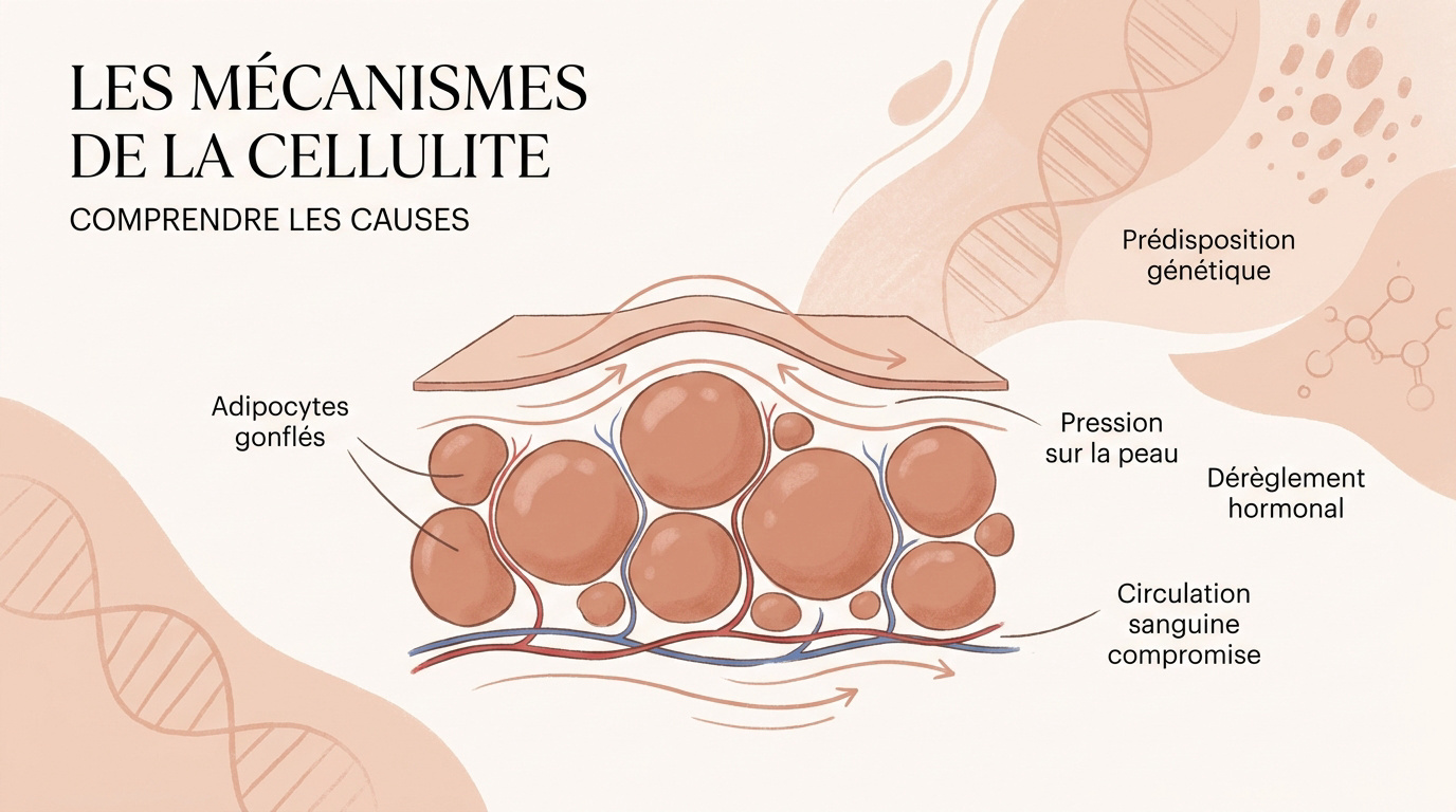 Schéma explicatif des mécanismes biologiques de la cellulite et des adipocytes