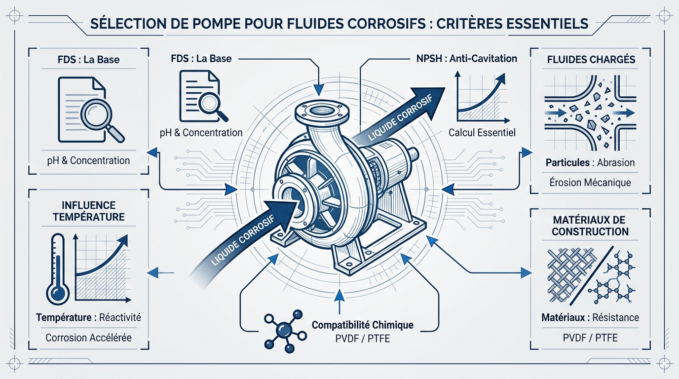 Schéma technique des critères de sélection pour pompes de fluides corrosifs industriels