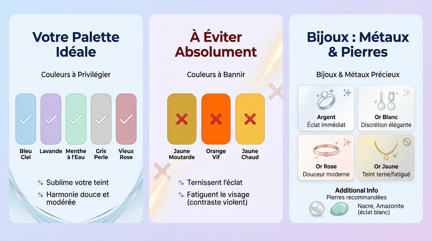 Guide des couleurs et bijoux pour le teint froid de la femme été