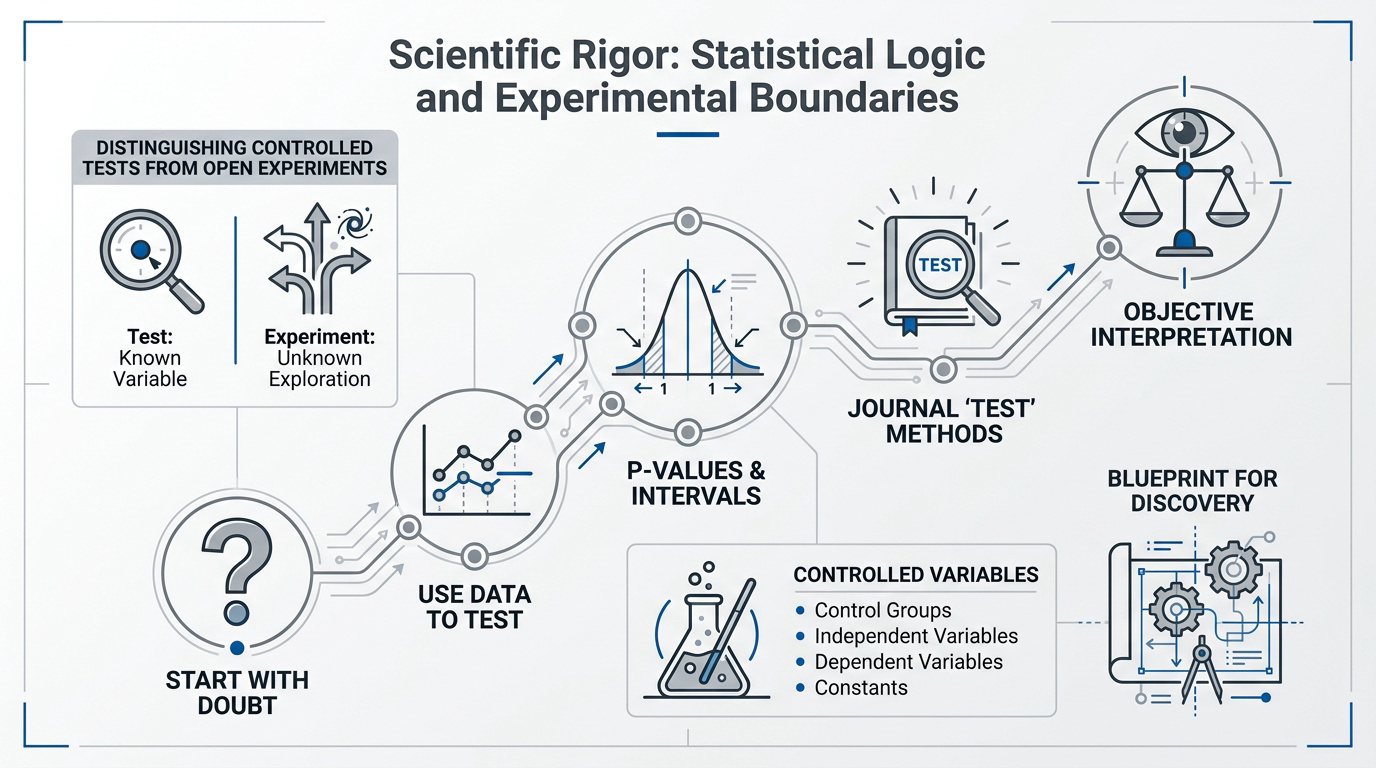 Infographic illustrating scientific rigor and experimental boundaries in statistical testing