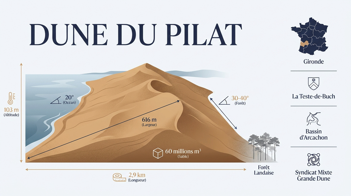 Dimensions et géographie de la dune du Pilat entre océan et forêt
