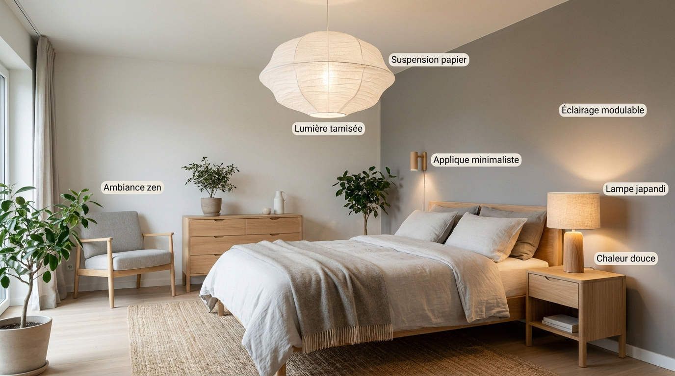 Chambre style japonais moderne avec éclairage tamisé et ambiance zen