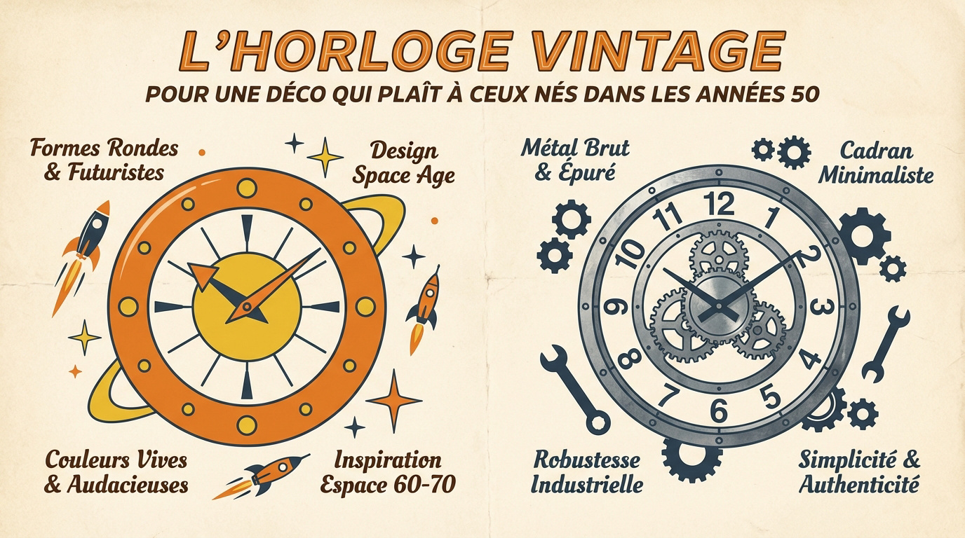 Horloges murales vintage aux styles variés des années 50 à 70 — Space Age, industriel et minimaliste