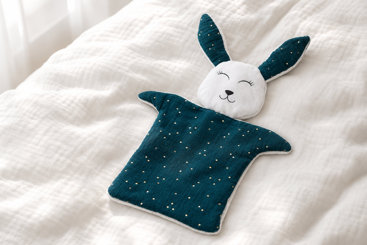 Doudou Lapin double gaze bleu pétrole : le chic au service du réconfort