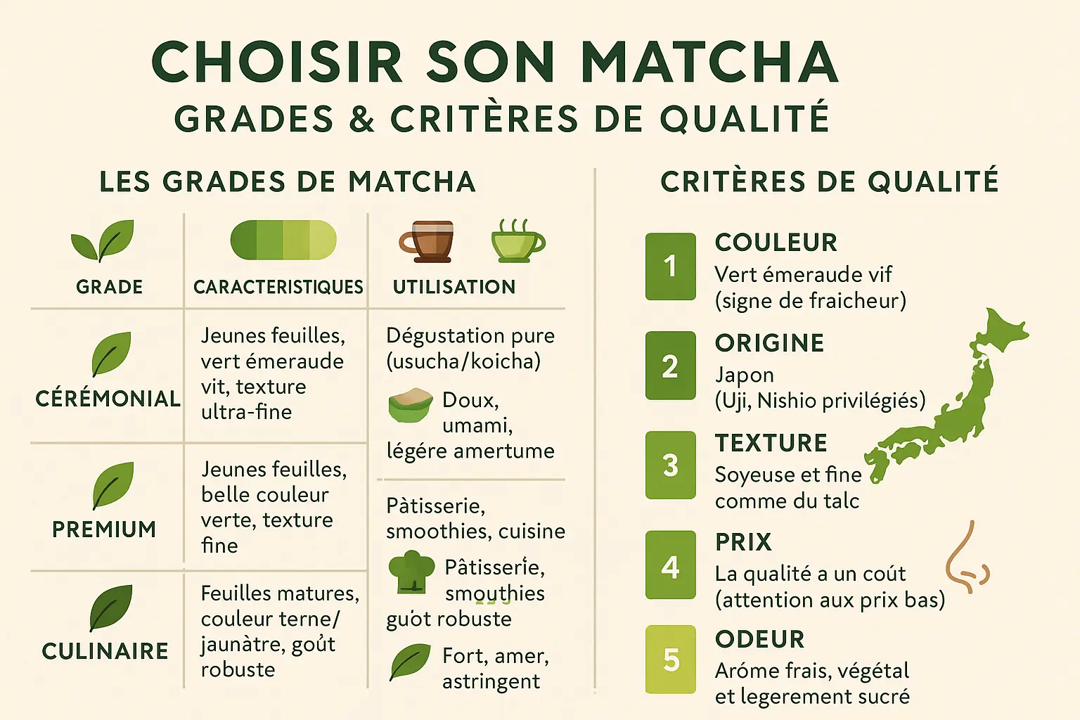 Comparaison visuelle des grades de matcha : cérémonial, premium et culinaire