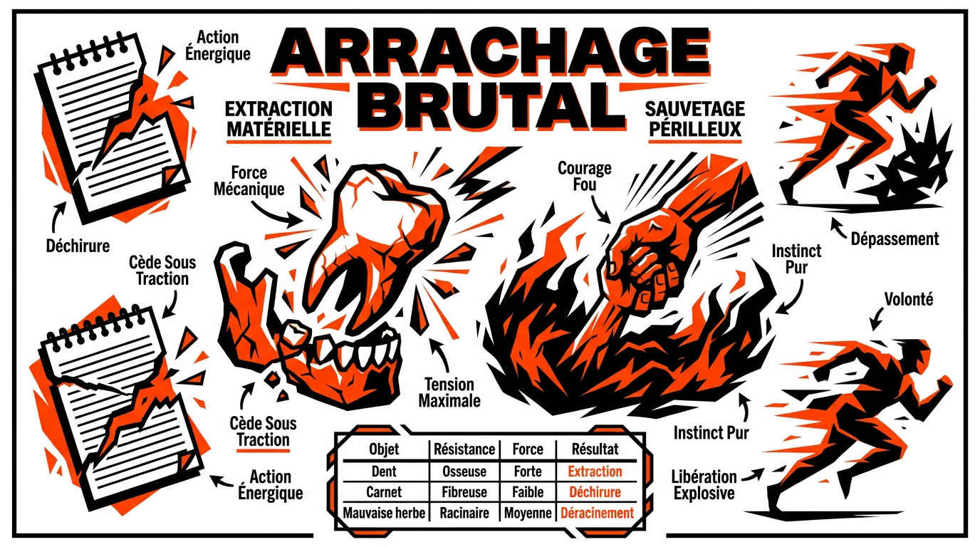 Infographie illustrant la force mécanique de l'arrachage et le sauvetage d'urgence