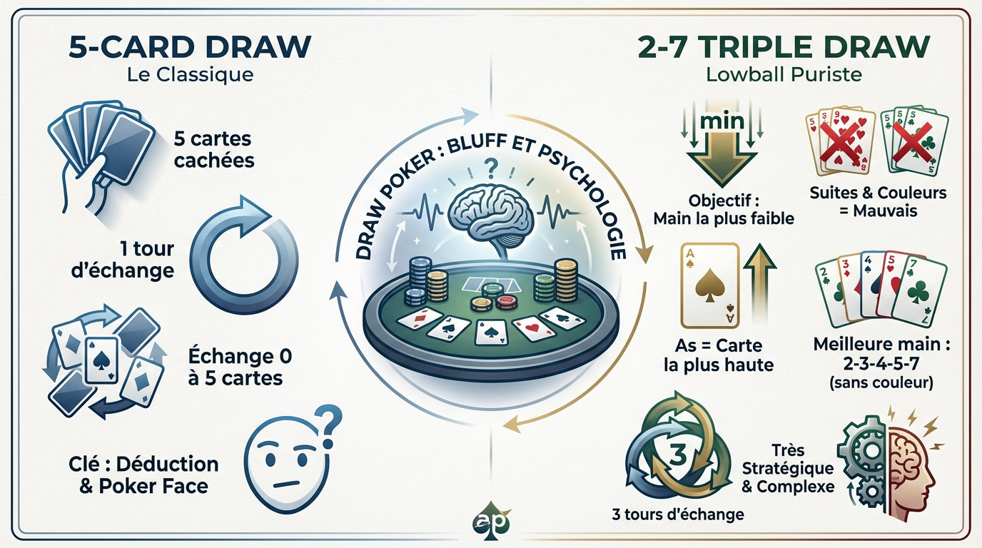 Comparaison des mains et règles entre le 5-Card Draw et le 2-7 Triple Draw