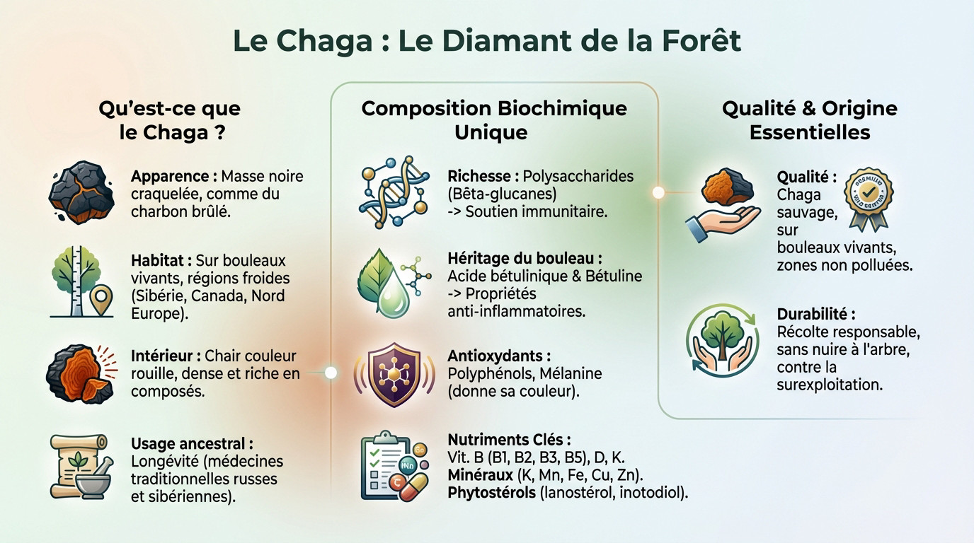 Morceau de chaga sauvage brut récolté sur un bouleau dans une forêt enneigée