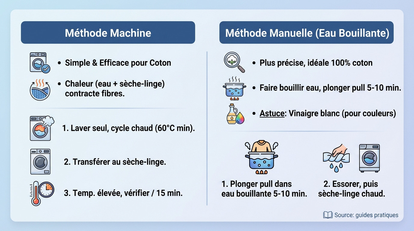 Rétrécir un pull en coton : méthodes machine et manuelle avec eau bouillante