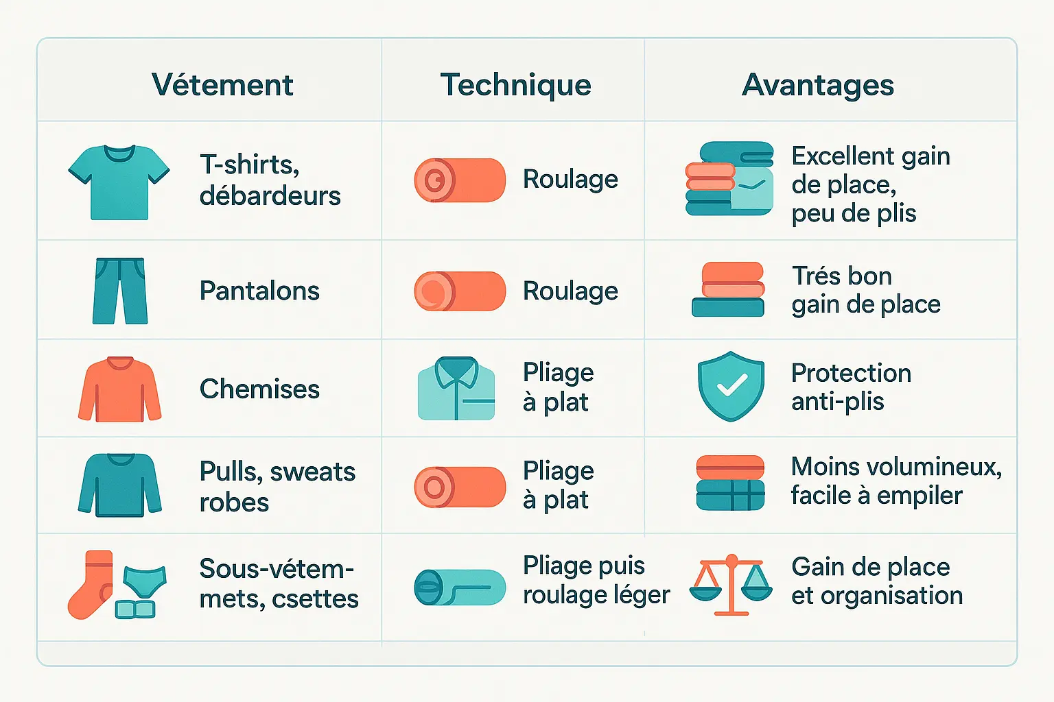 Illustration des techniques de pliage et roulage