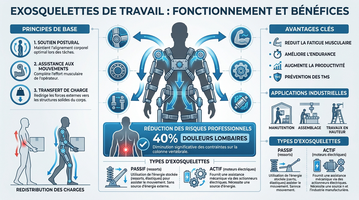 Schéma biomécanique du transfert de charge par un exosquelette de travail
