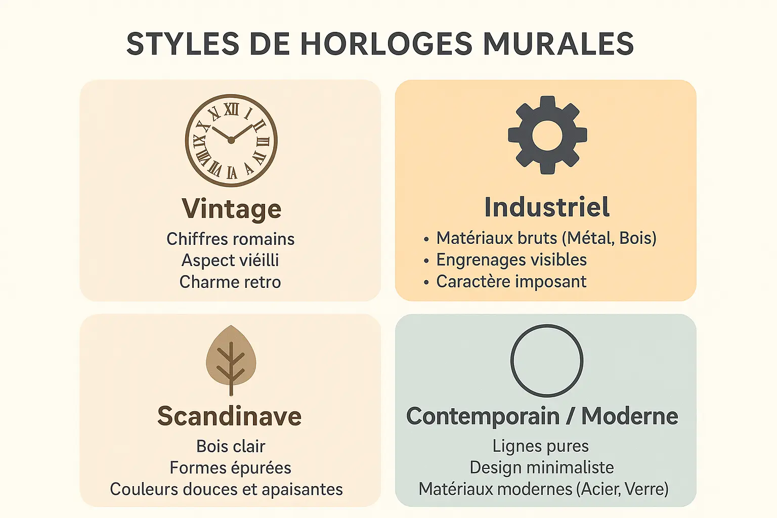 Exemples de styles d’horloges murales (vintage, industriel, scandinave, moderne)
