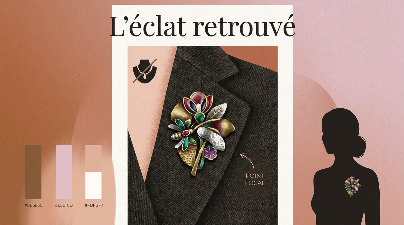 Broche fantaisie artisanale aux détails colorés sur un revers de veste sombre