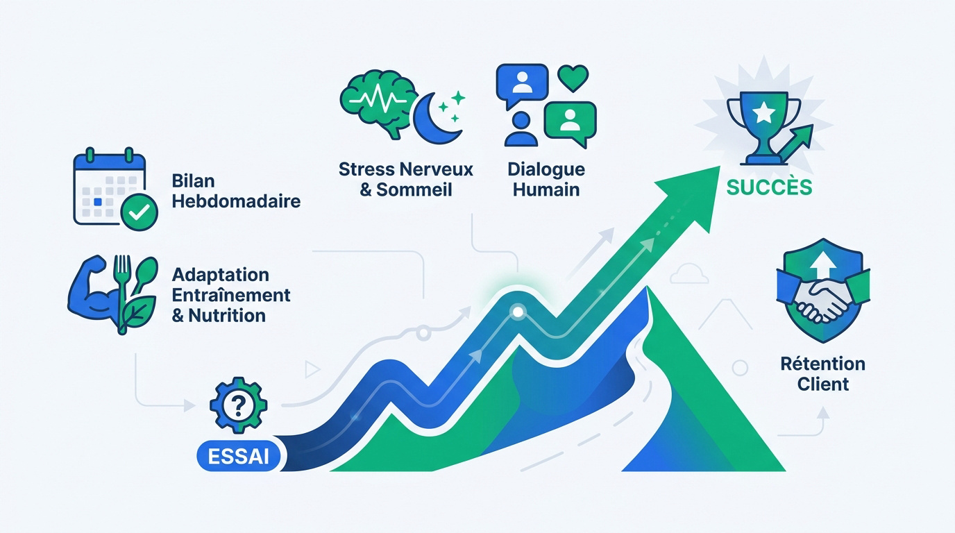 Infographie montrant le parcours du sportif de l'essai au succès par la performance grâce au suivi régulier