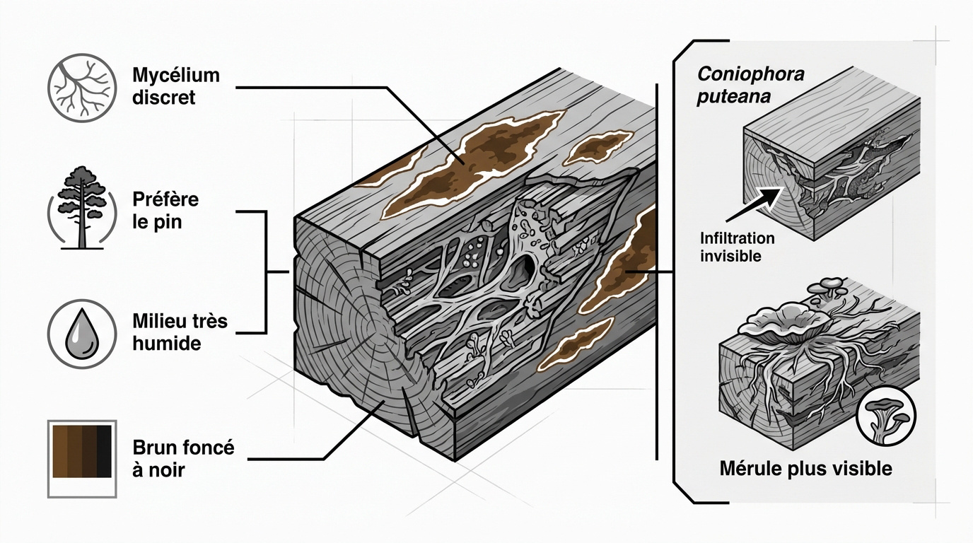 Identification visuelle du Coniophora puteana sur une poutre en bois humide
