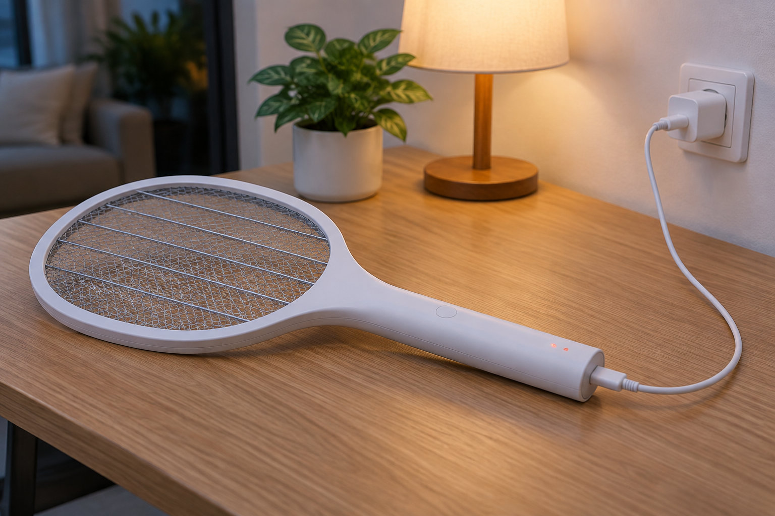 Une raquette électrique blanche est posée sur une table en bois et reliée à une prise murale, près d’une lampe allumée et d’une plante en pot.