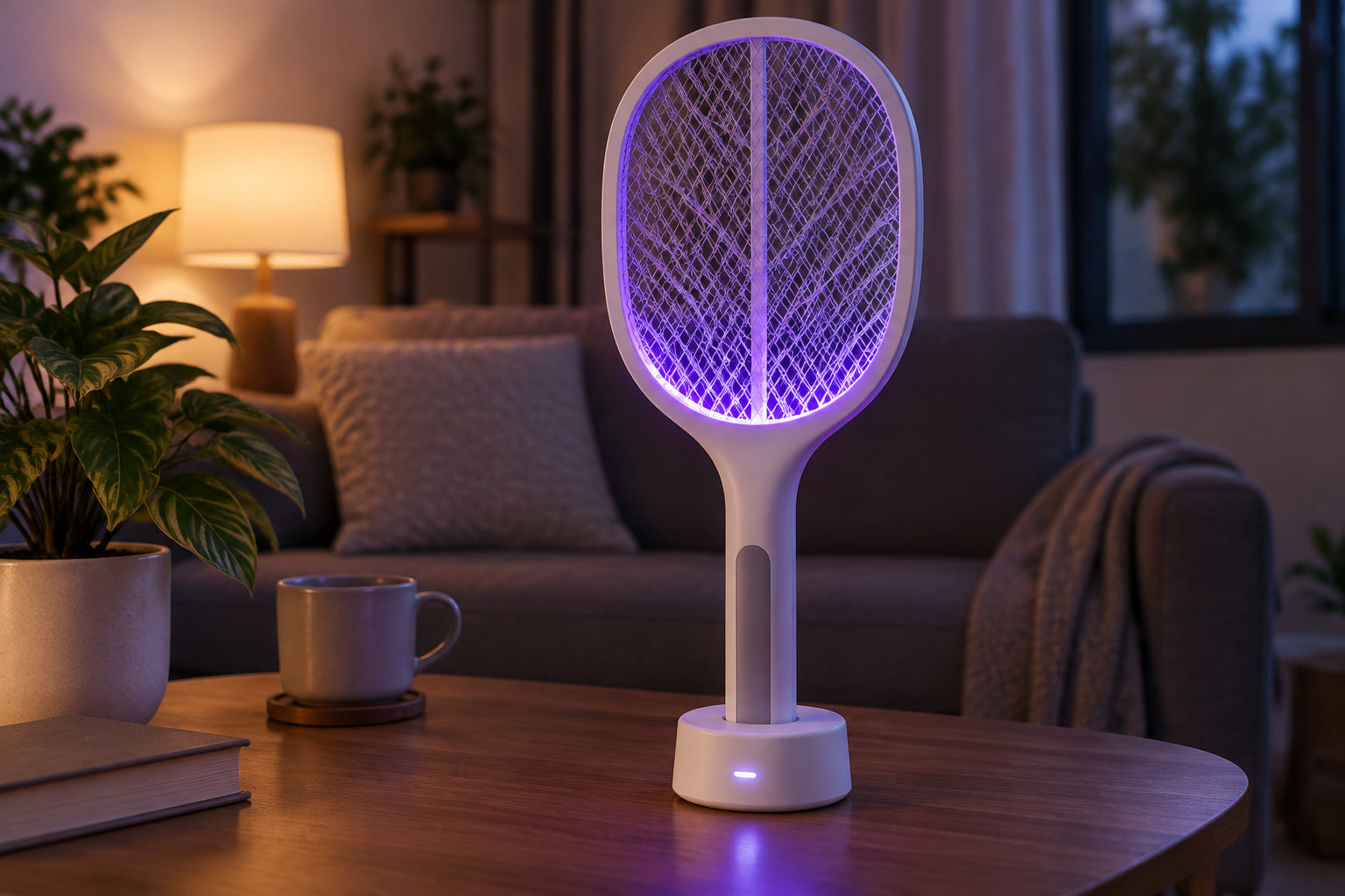 Une raquette électrique anti-insectes lumineuse est posée sur une table basse devant un canapé, près d’une tasse, d’un livre et d’une plante.