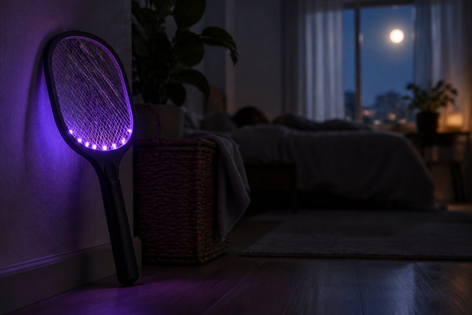 Une raquette électrique violette est appuyée contre un mur dans un salon sombre, près d’un panier en osier, avec un canapé et une fenêtre en arrière-plan.