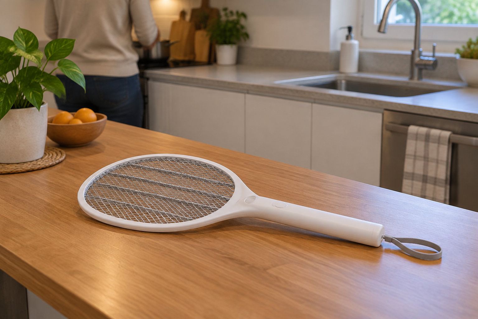 Une raquette électrique blanche repose sur un plan de travail en bois dans une cuisine où une personne prépare un repas.