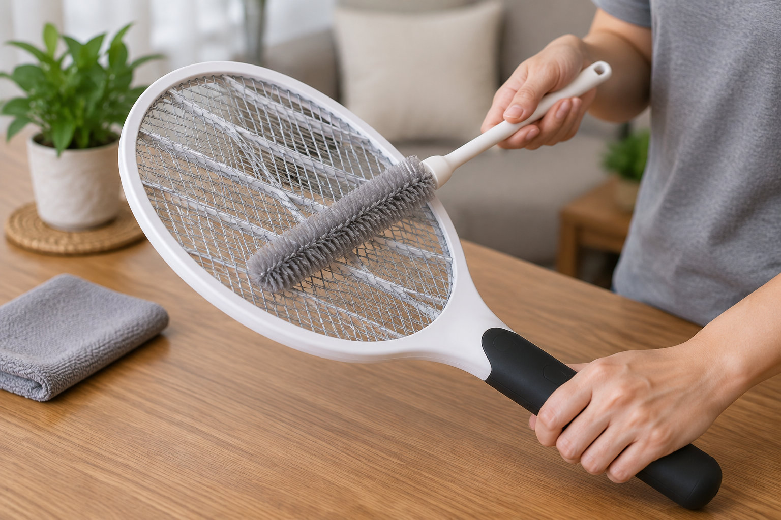 Une personne tient une tapette électrique tandis qu’elle en nettoie la grille avec une brosse, au-dessus d’une table en bois.