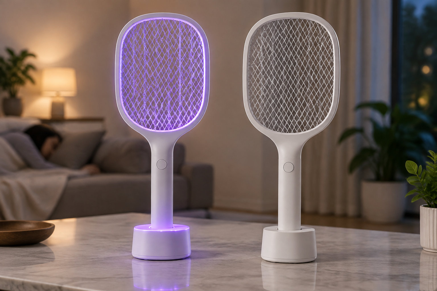 Deux raquettes électriques blanches sont posées sur une table, celle de gauche éclairée d’une lueur violette, dans un salon où une personne se repose sur un canapé.