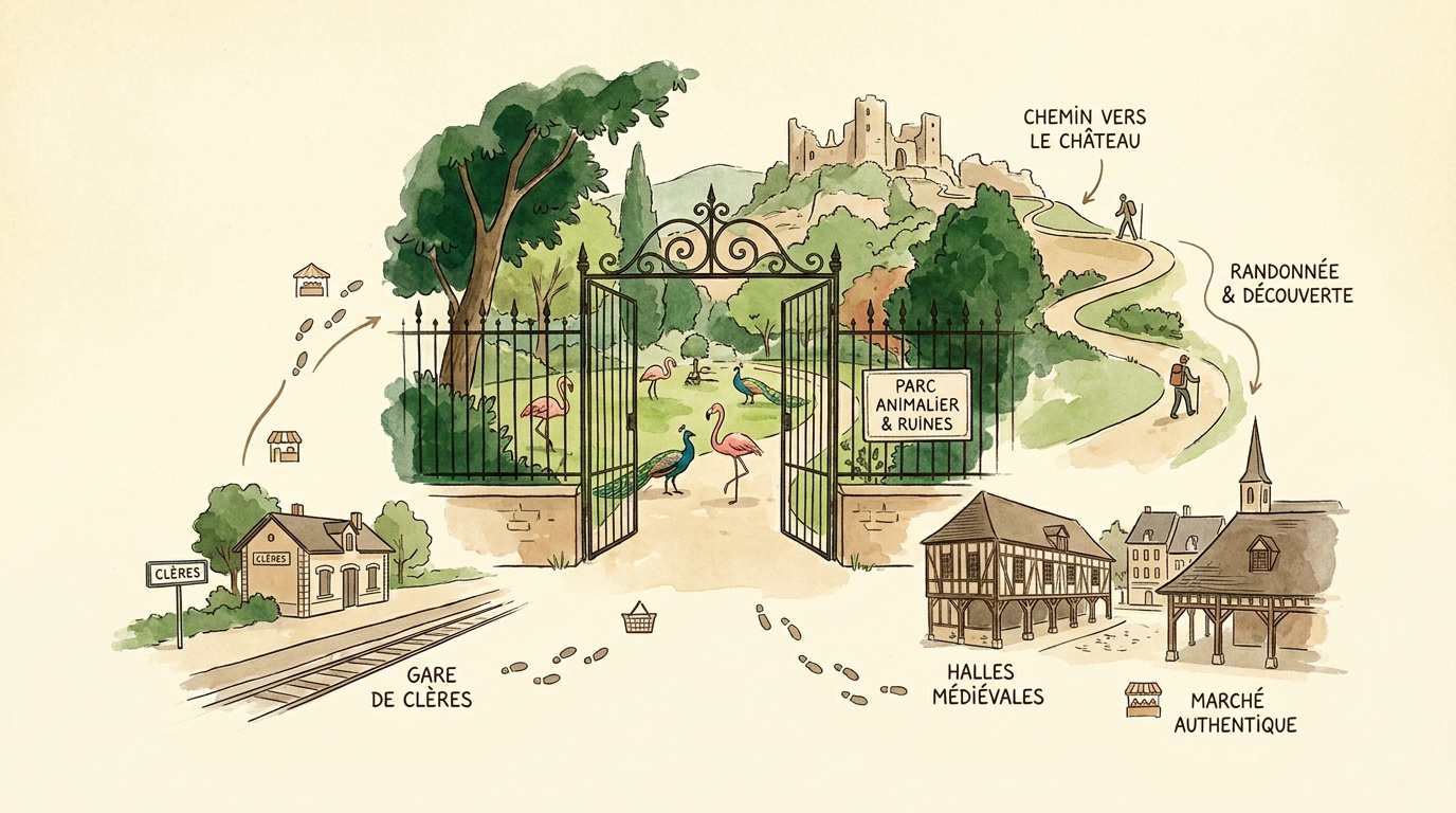 Carte touristique du village de Clères avec son parc zoologique et ses ruines historiques