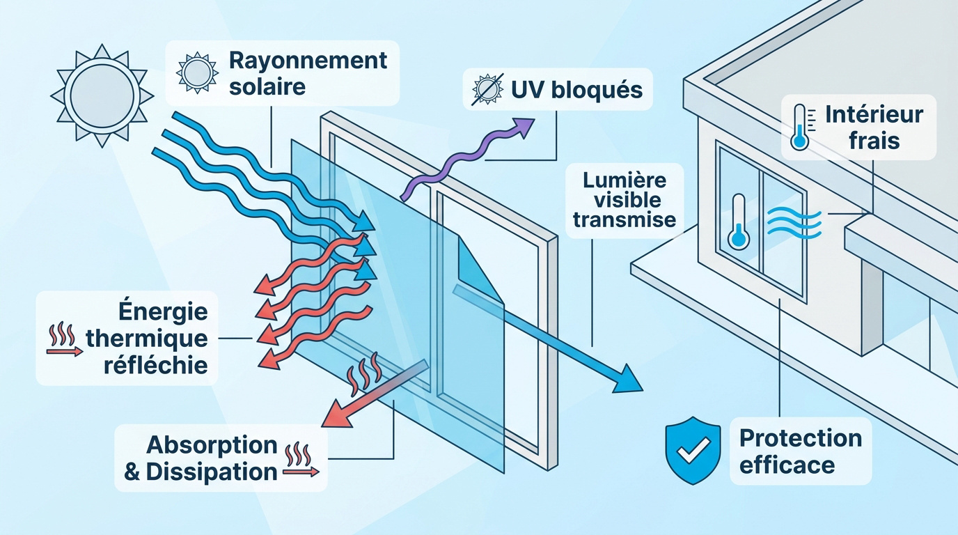 Schéma technique du fonctionnement d'un film solaire anti-chaleur sur un vitrage