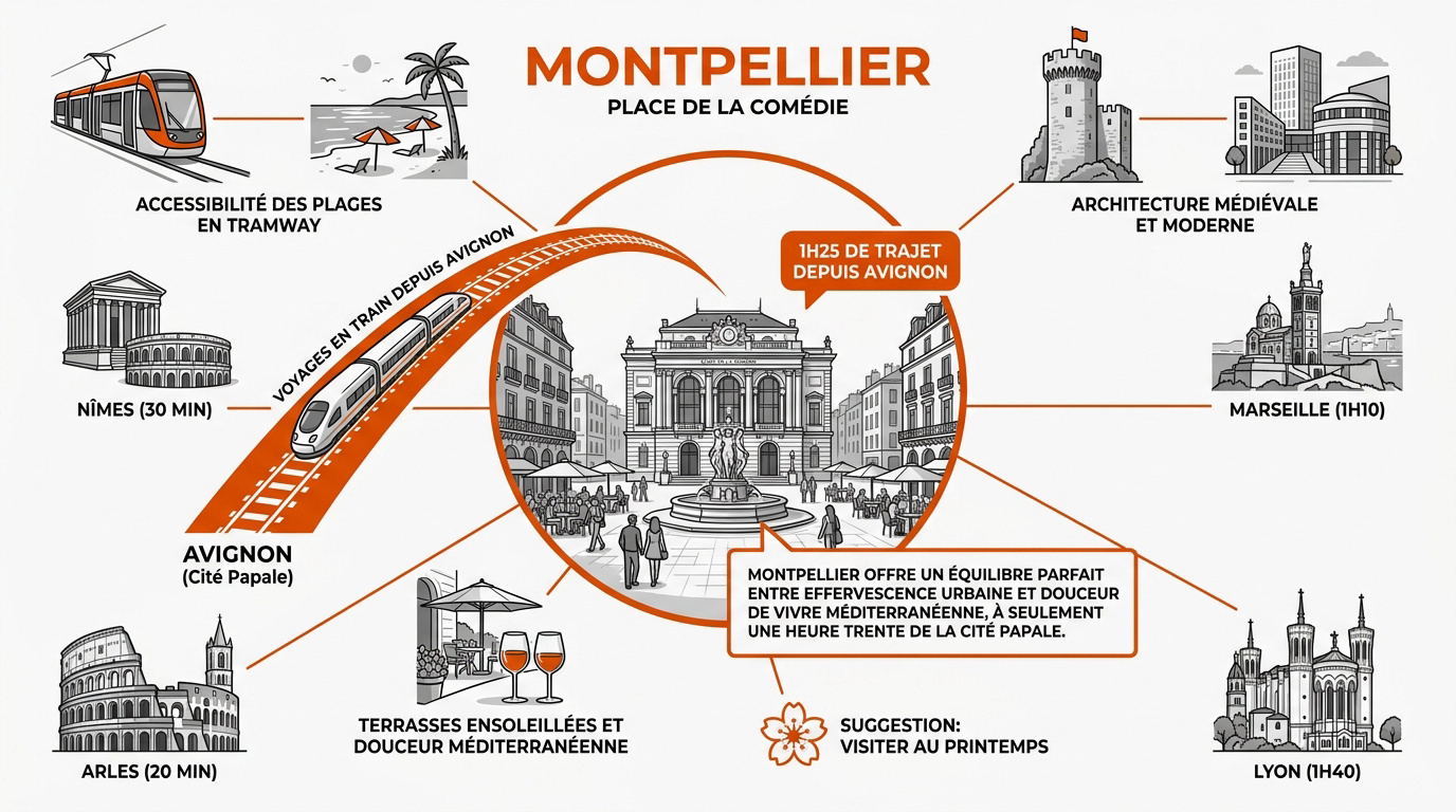 Vue aérienne de la place de la Comédie animée à Montpellier avec ses terrasses