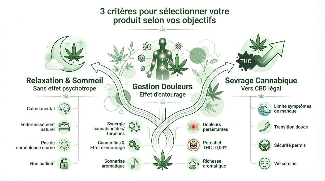 Infographie comparative des types de CBD selon les objectifs de bien-être