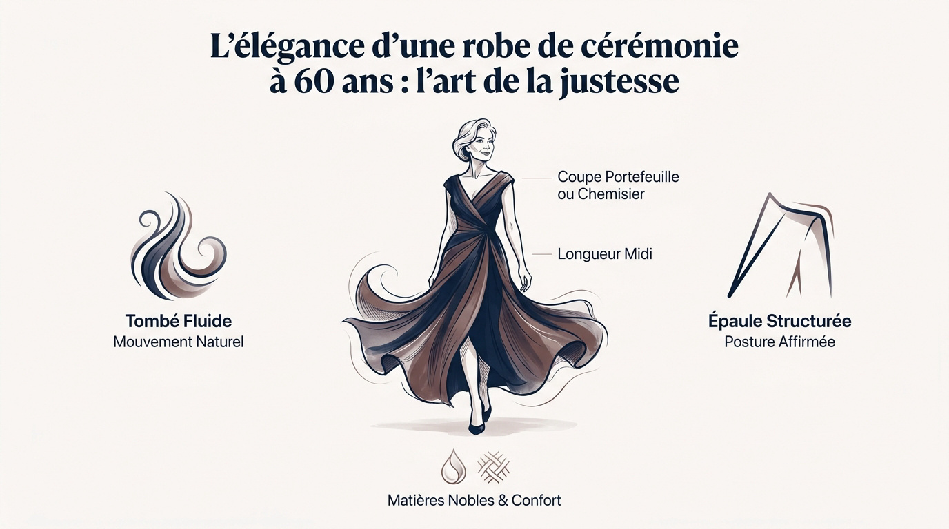 Femme élégante de 60 ans en robe de cérémonie structurée