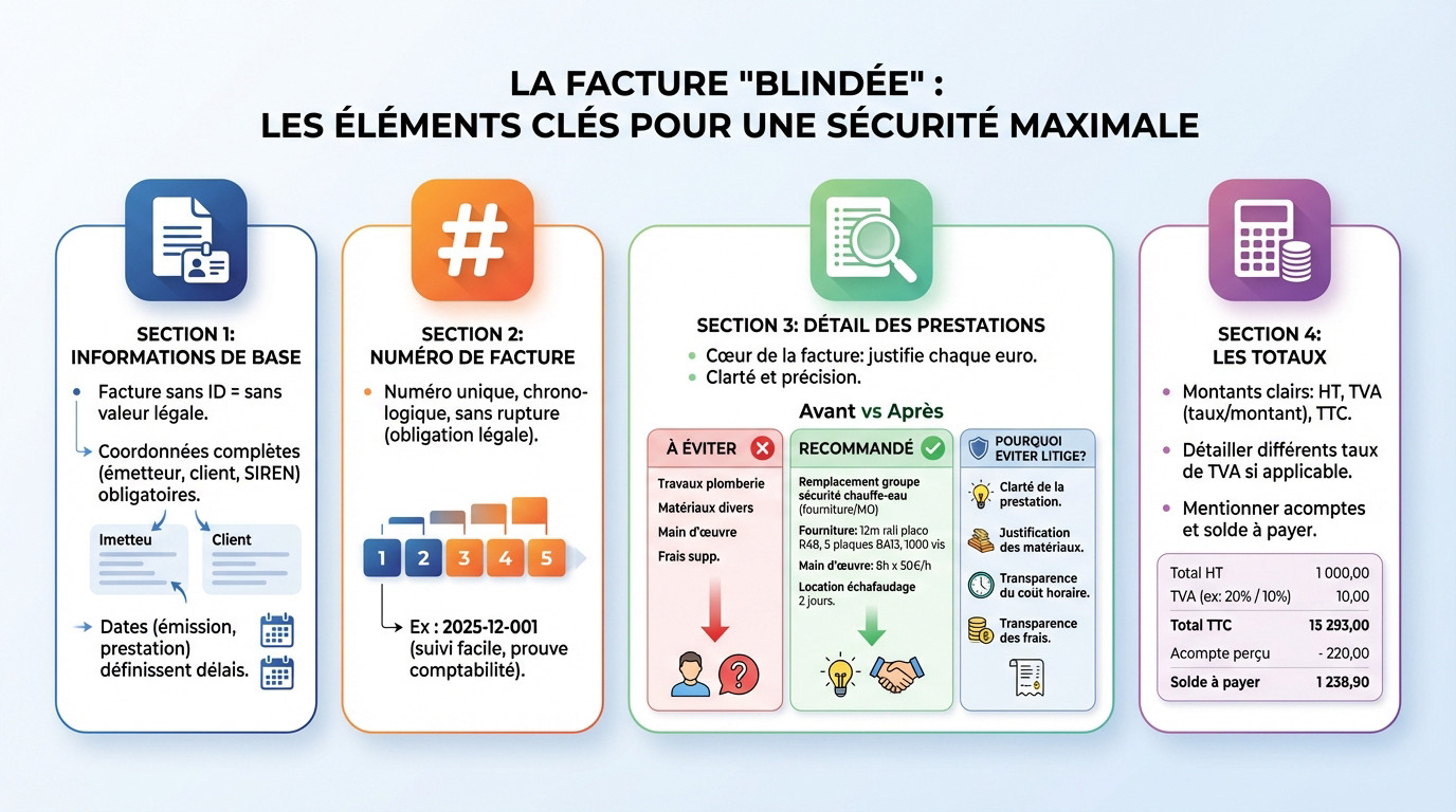 Infographie détaillant les points clés pour sécuriser une facture artisan et éviter les impayés