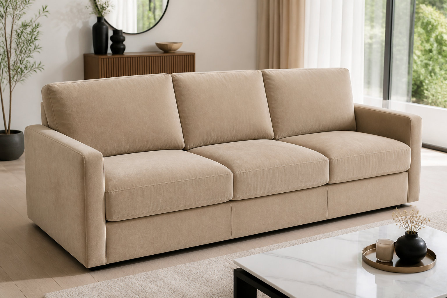 Canapé nuage AVA 3 places en velours beige : l'élégance généreuse