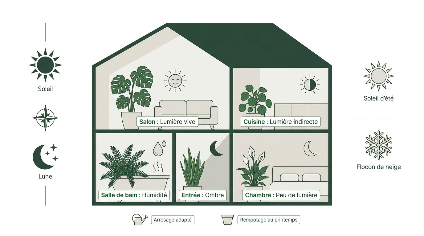 Guide pour choisir une plante adaptée selon la luminosité et l'humidité de chaque pièce