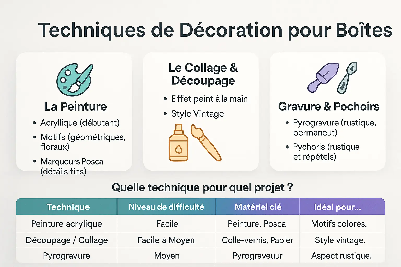 Exemples de boîtes en bois décorées avec différentes techniques
