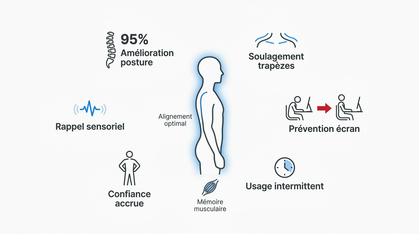 Ceinture lombaire : comment bien choisir Schéma des bénéfices d'un correcteur de posture sur l'alignement du dos et des épaules