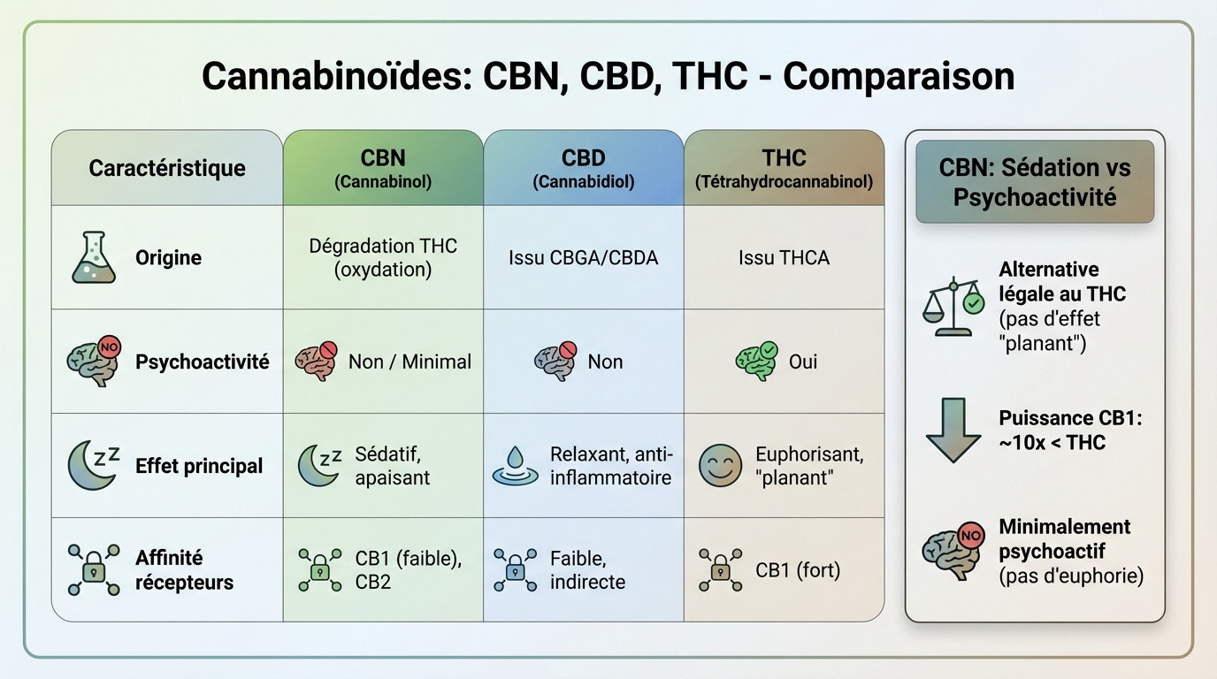 Schéma comparatif des structures moléculaires du CBN, CBD et THC