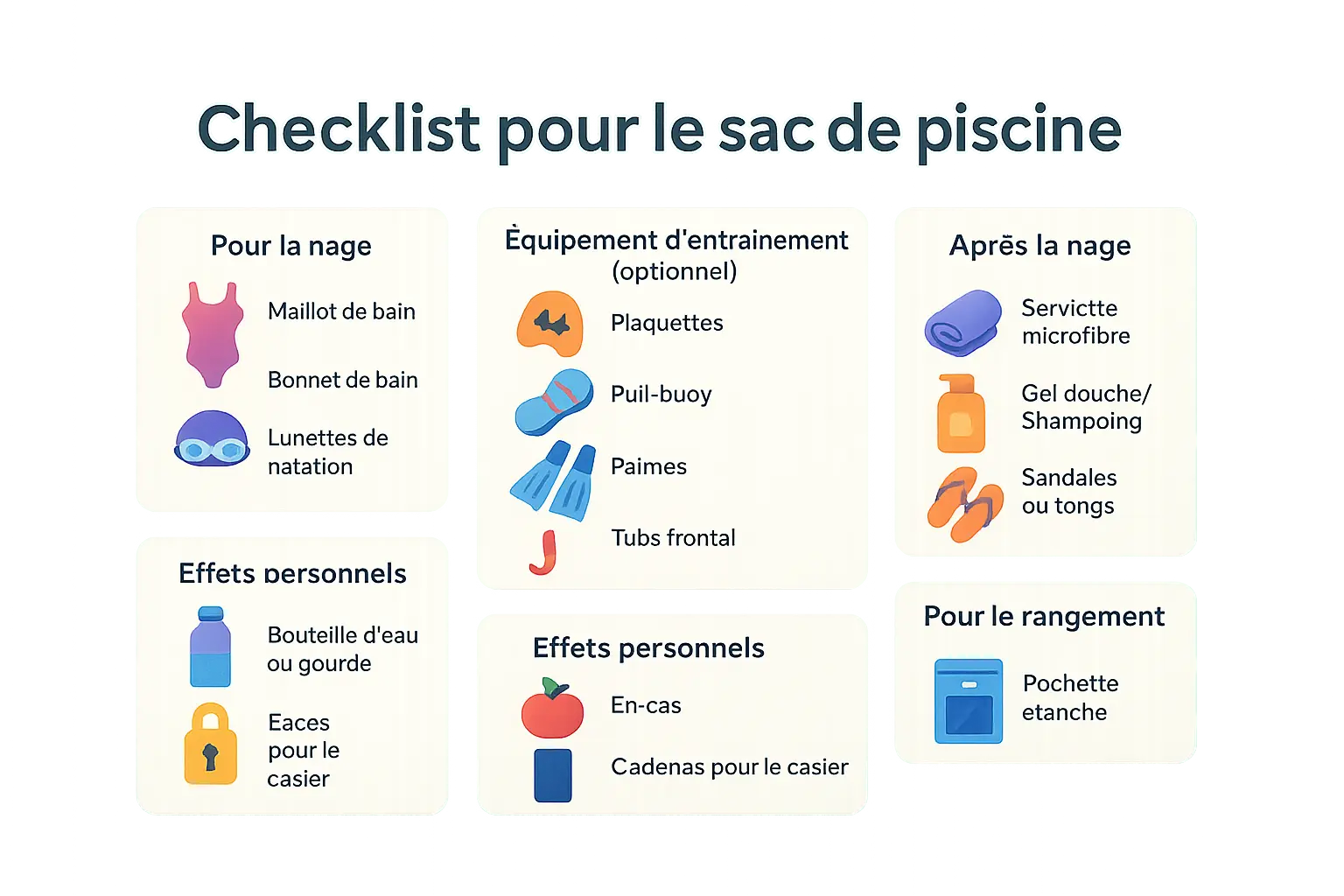 Illustration d'une <strong>checklist d'objets pour un sac de piscine</strong>