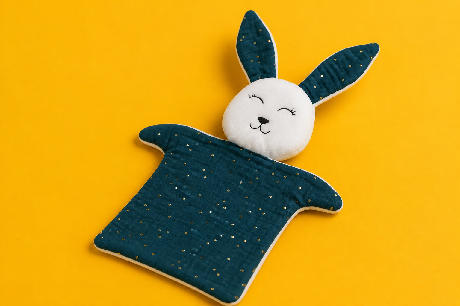 Doudou Lapin en double gaze bleu pétrole et points dorés