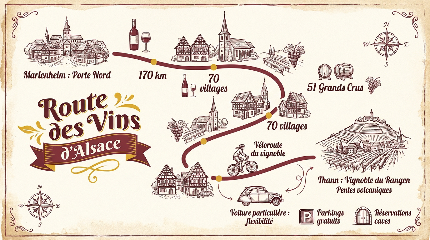 Carte stylisée de l'itinéraire de la Route des Vins d'Alsace de Marlenheim à Thann