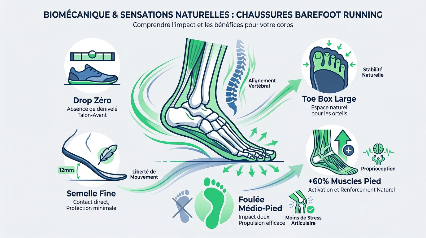Analyse de la foulée naturelle avec des chaussures barefoot running sur sol plat