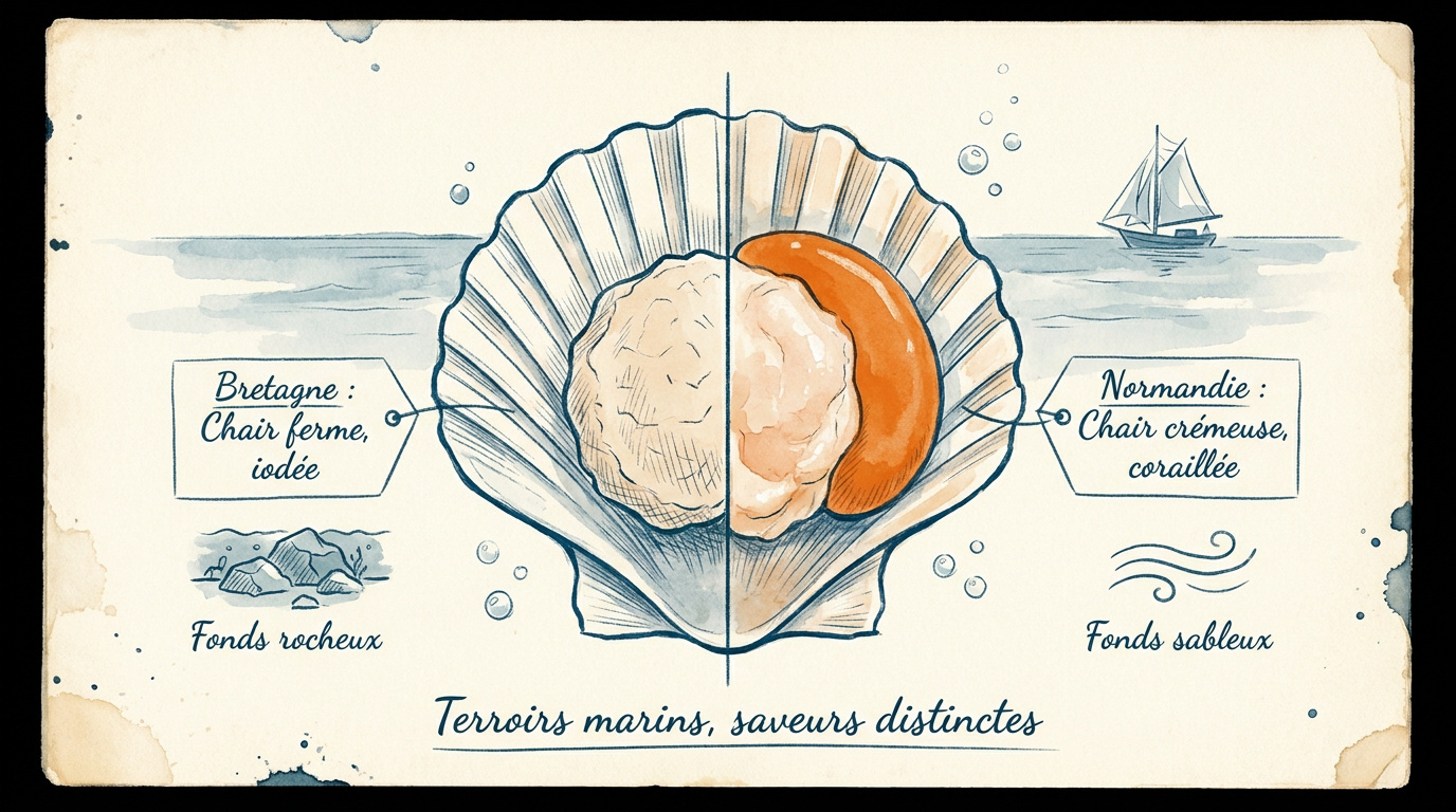Comparaison visuelle entre une noix de Saint-Jacques bretonne blanche et une noix normande coraillée