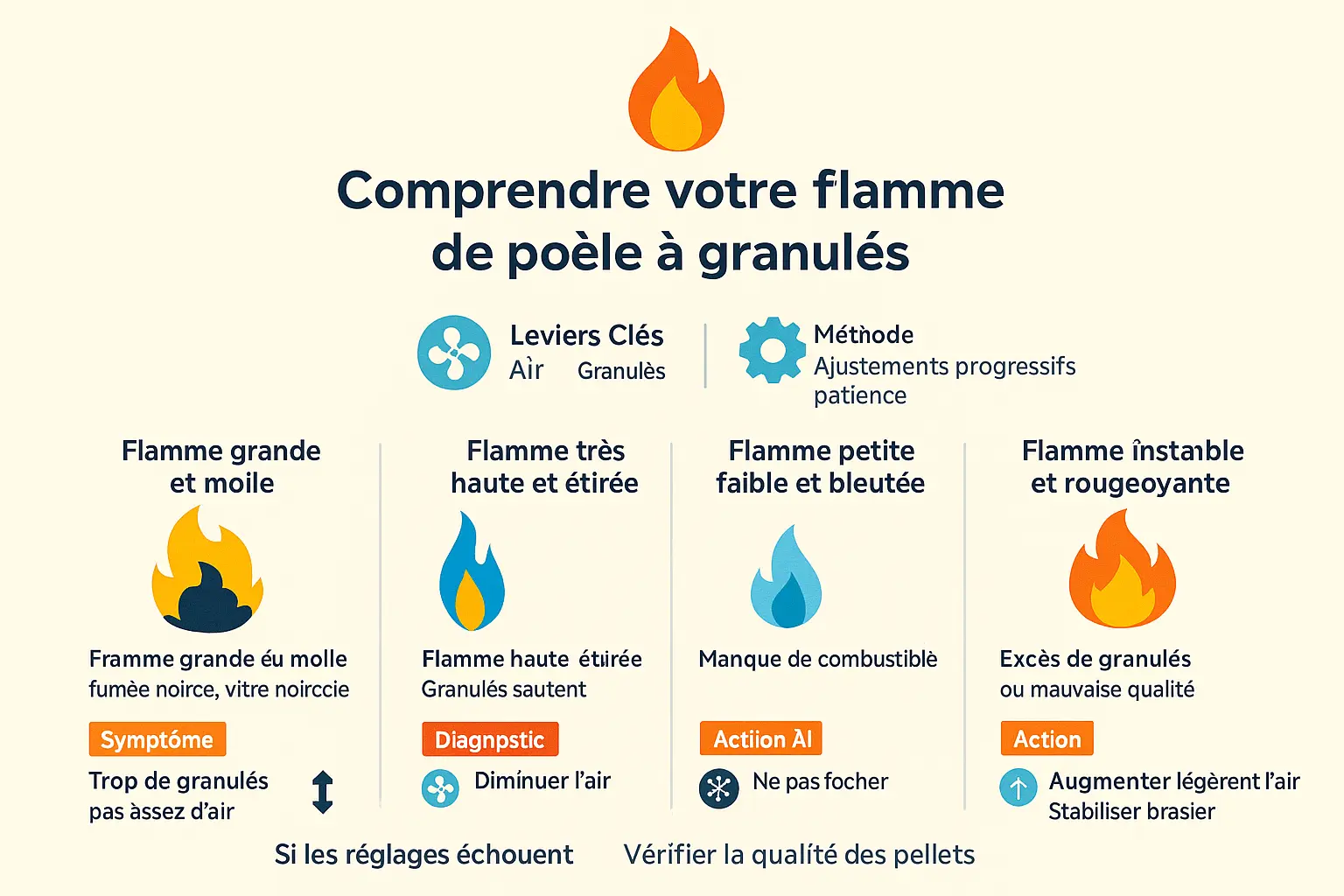 <strong>Tableau visuel comparant les différents types de flammes d'un poêle à granulés et les réglages correspondants</strong>